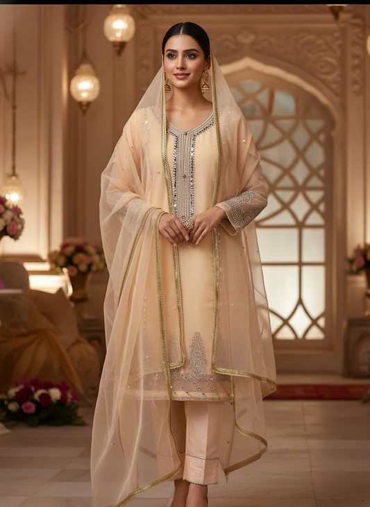 Peach Organza Thread Mirror work Suit (3PC) *