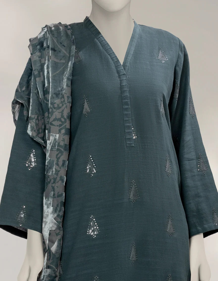 J. Green Khaddar Slub 3-Piece Stitched Suit with Palazzo
