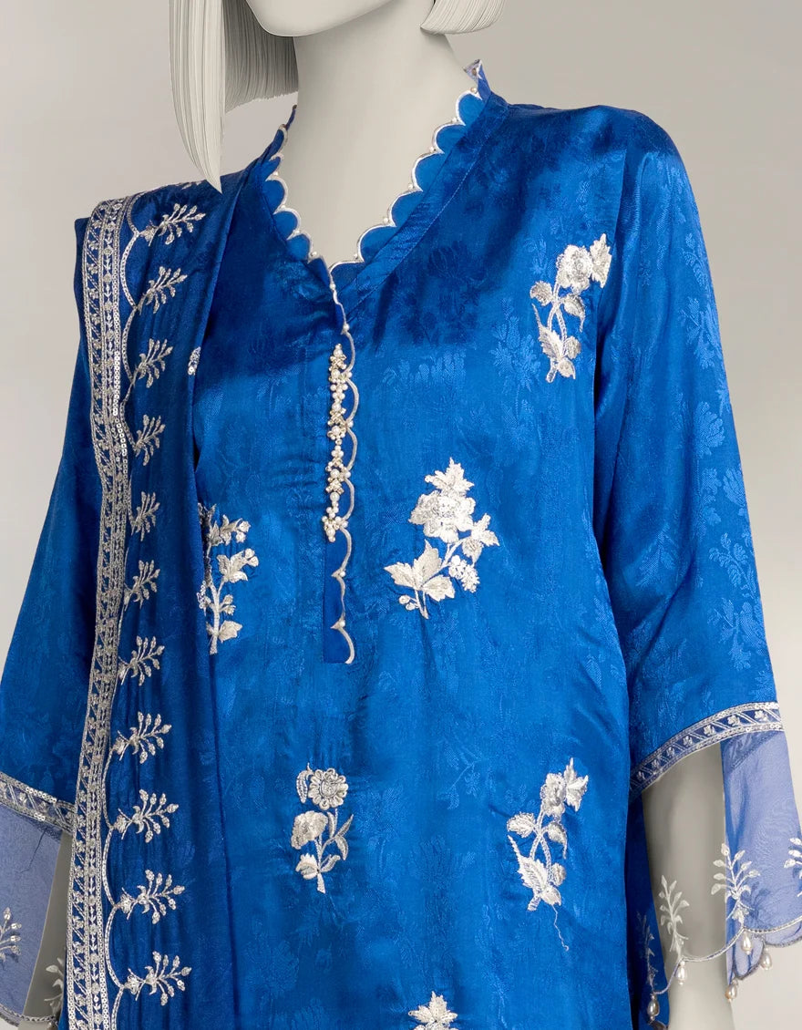 J. Blue Raw Silk Embroidered 3-Piece stitched Suit