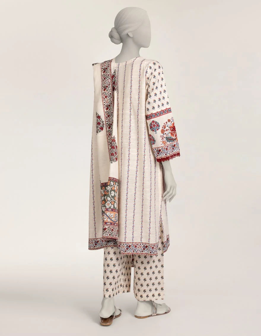 J. Off White Khaddar Printed 3 Piece Stitched Suit | Mill Print Long Kameez & Azaar Trouser