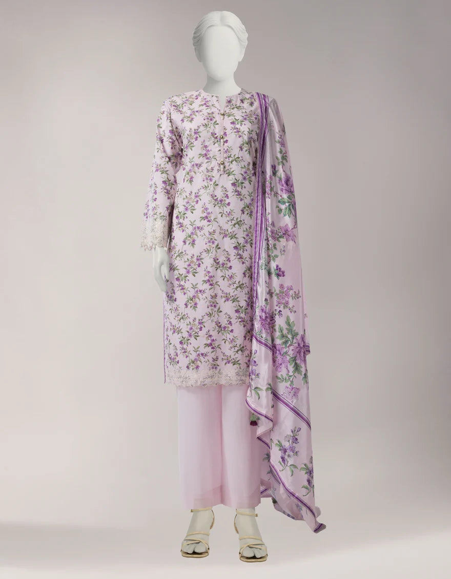 J. Multicolor Dobby Embroidered Printed 3-Piece Suit with Poly Silk Dupatta