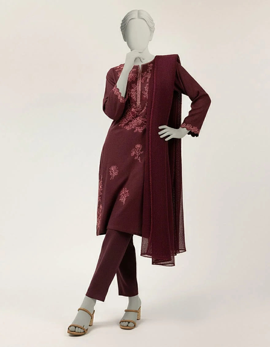 J. Maroon Dobby Embroidered 3-Piece Stitched Suit