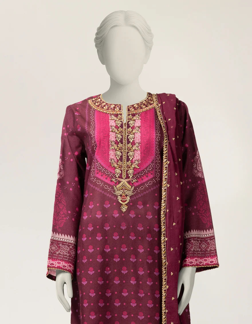 J. Maroon Cotton Silk Embroidered 3-Piece Stitched Suit with Chiffon Dupatta