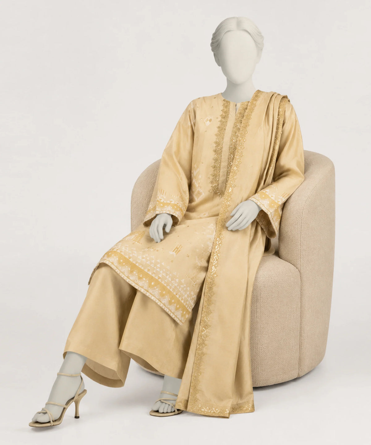 J. Beige Cotton Silk Embroidered 3 Piece Stitched Suit