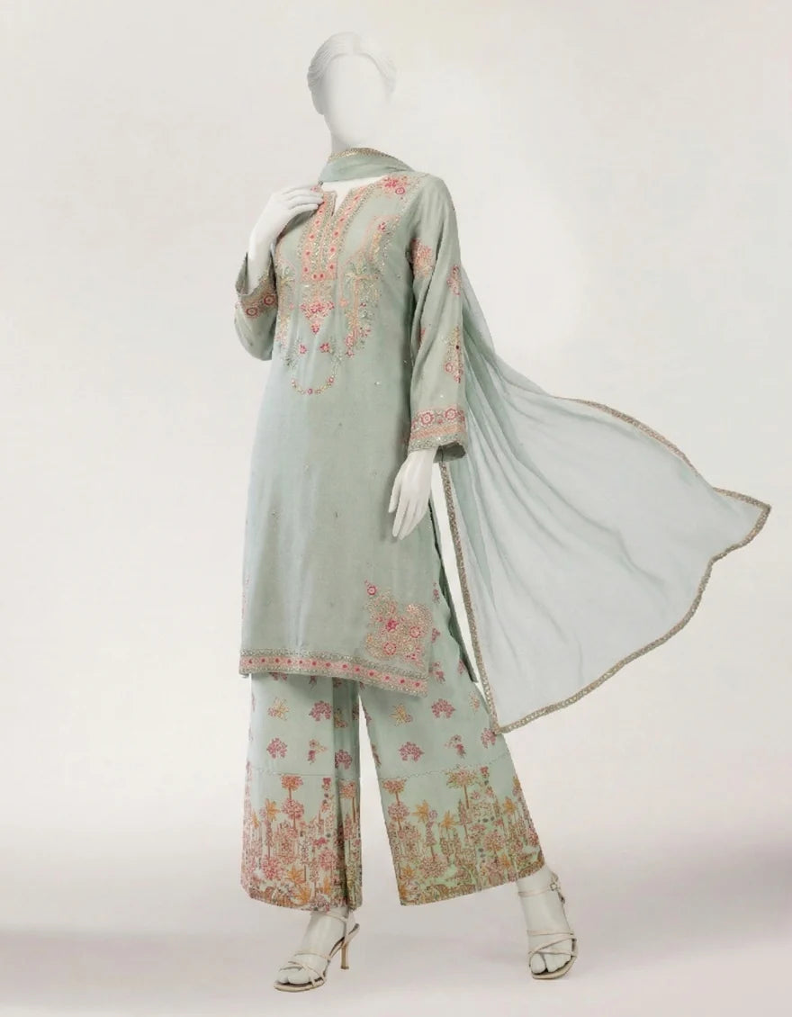 J. Green Maple Silk Embroidered 3-Piece Stitched Suit