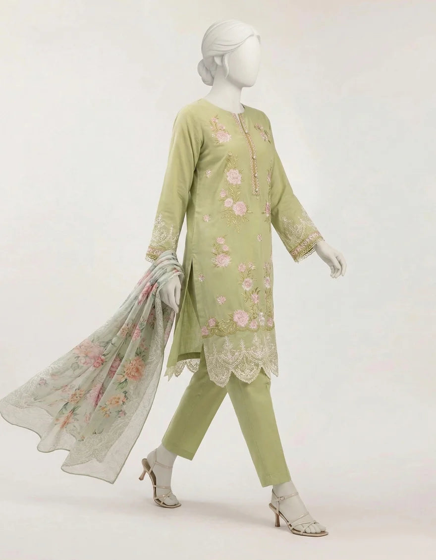 J. Green Lawn Schiffli Floral 3 Piece Stitched Suit