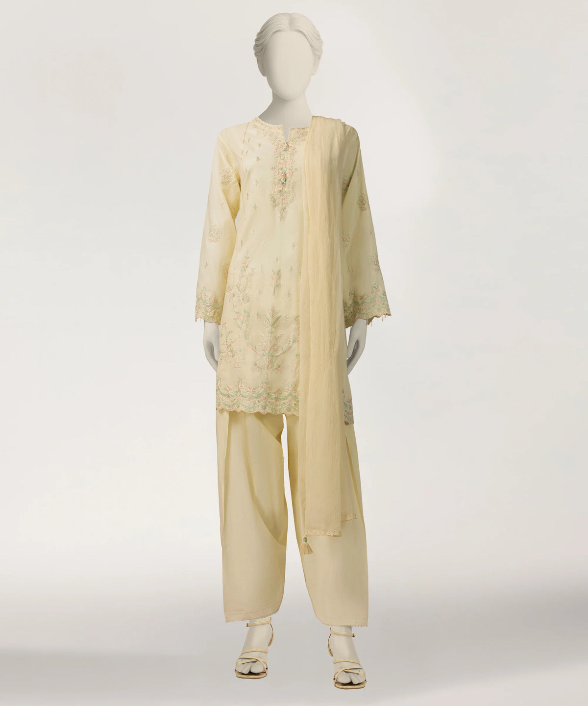 J. Yellow Lawn Embroidered 3-Piece Stitched Suit with Shalwar