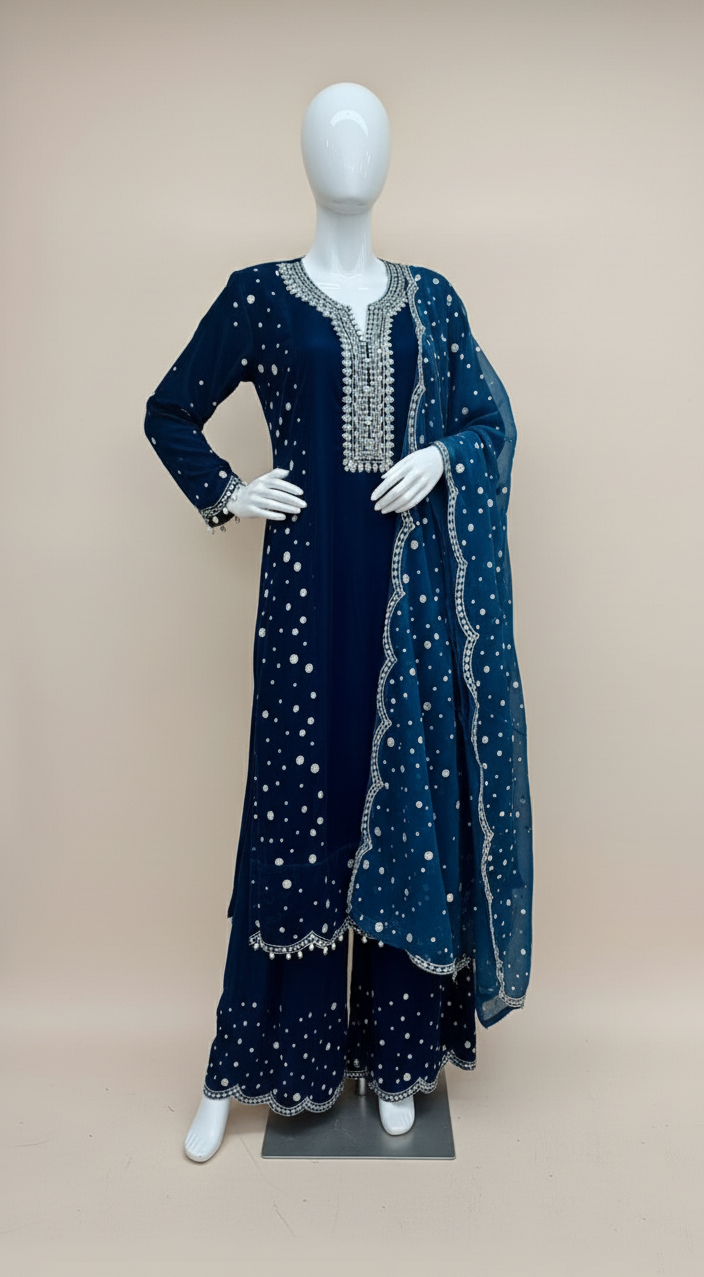 Elegant Blue 3-Piece Velvet Embroidered Ensemble for Women
