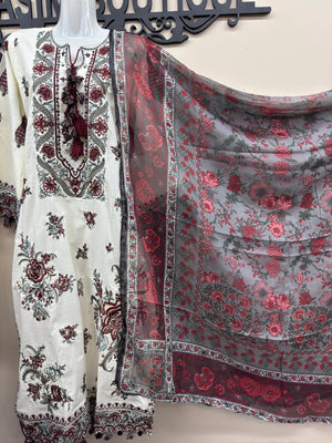 Women embroidered cotton 3 piece Pakistani suit with printed chiffon dupatta