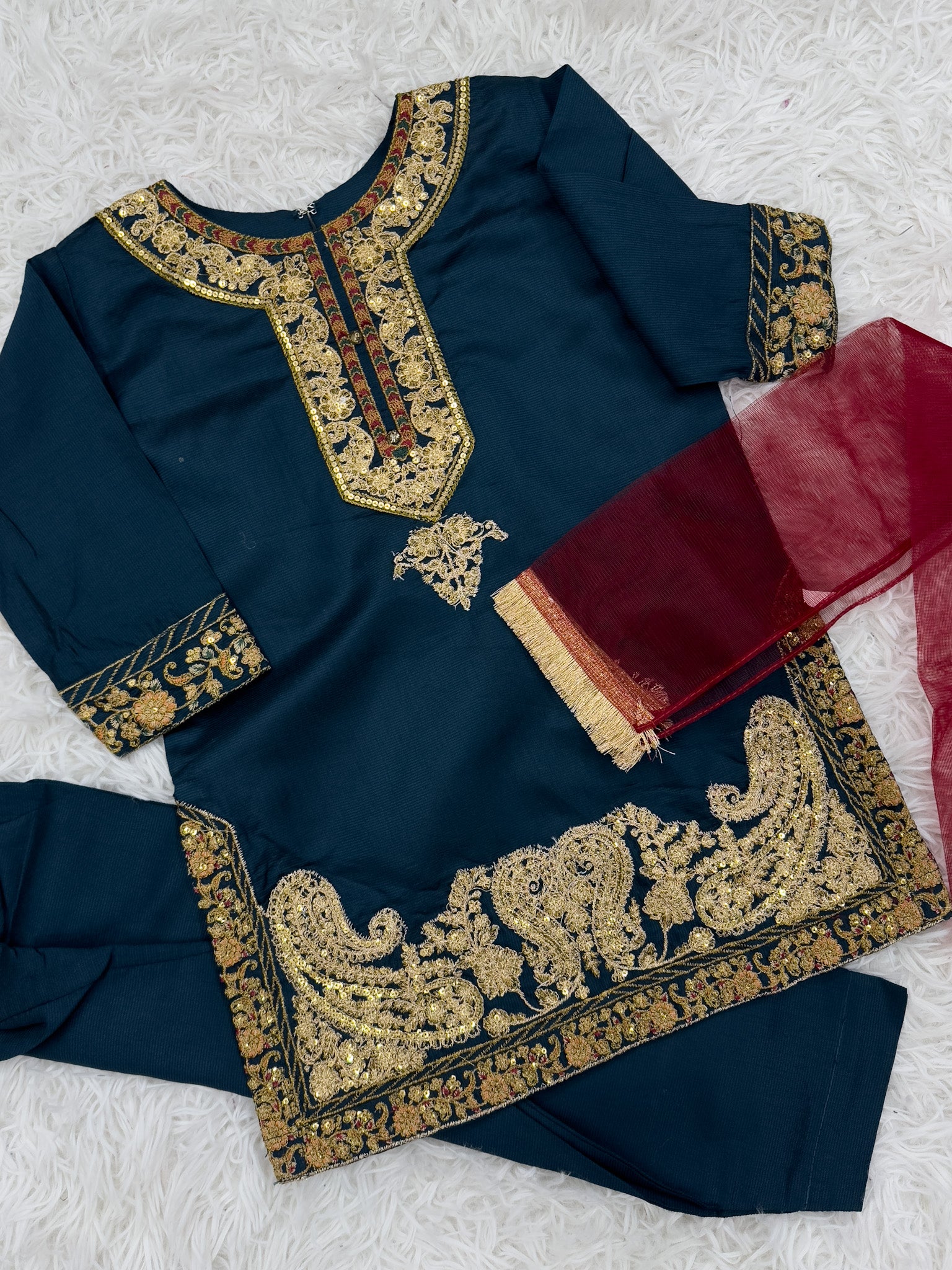 Navy Blue Embroidery 3-Piece Girls Suit