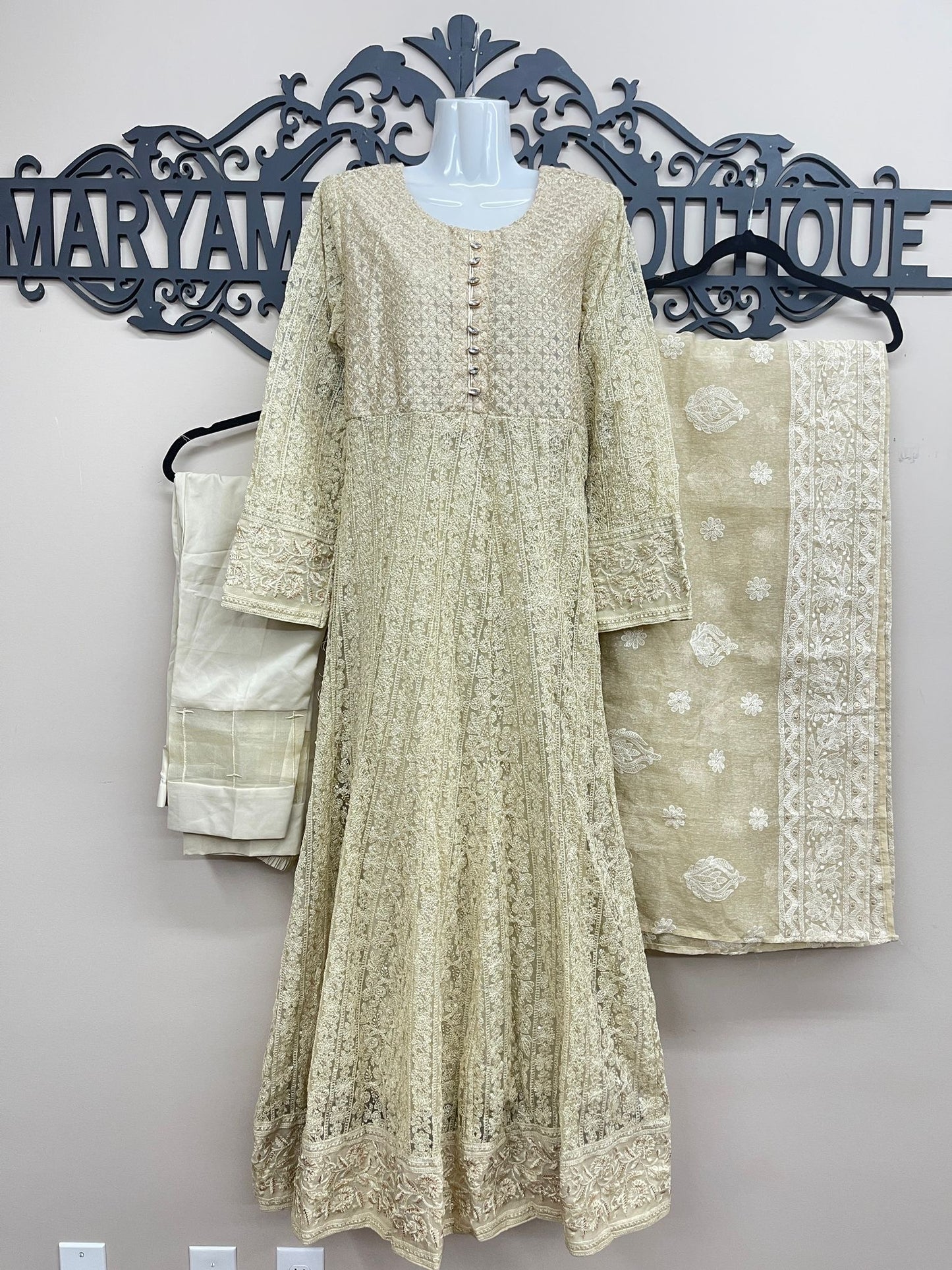 Fully Embroidered 3PC Maxi Outfit off-white