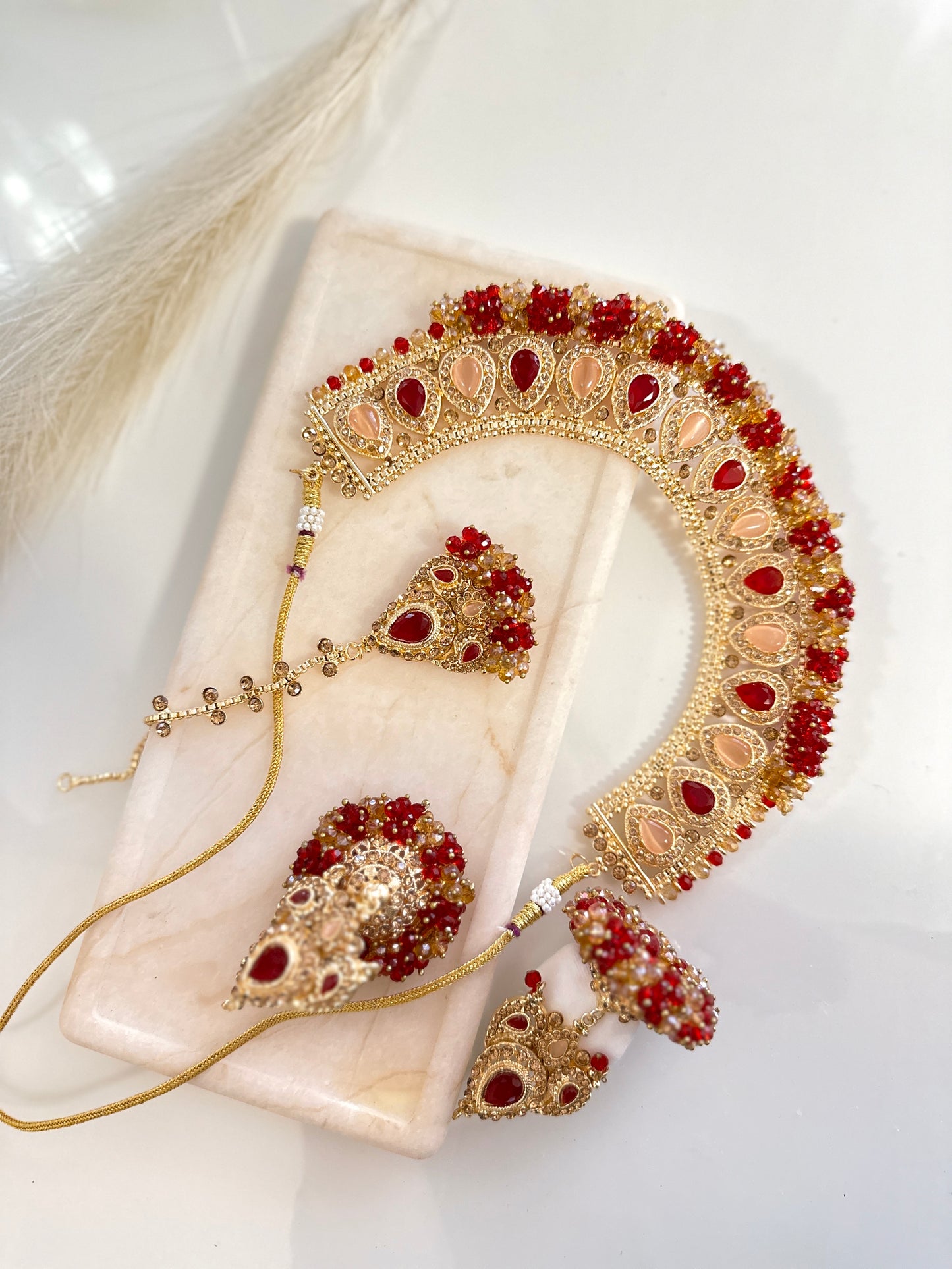 Stunning Jhumka Drop Pearl Set (Red/Beige)
