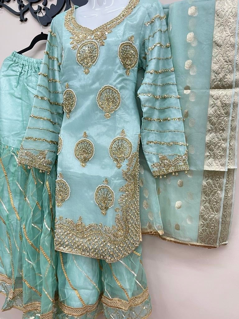 Organza Full Flair Gharara 3PC Blue