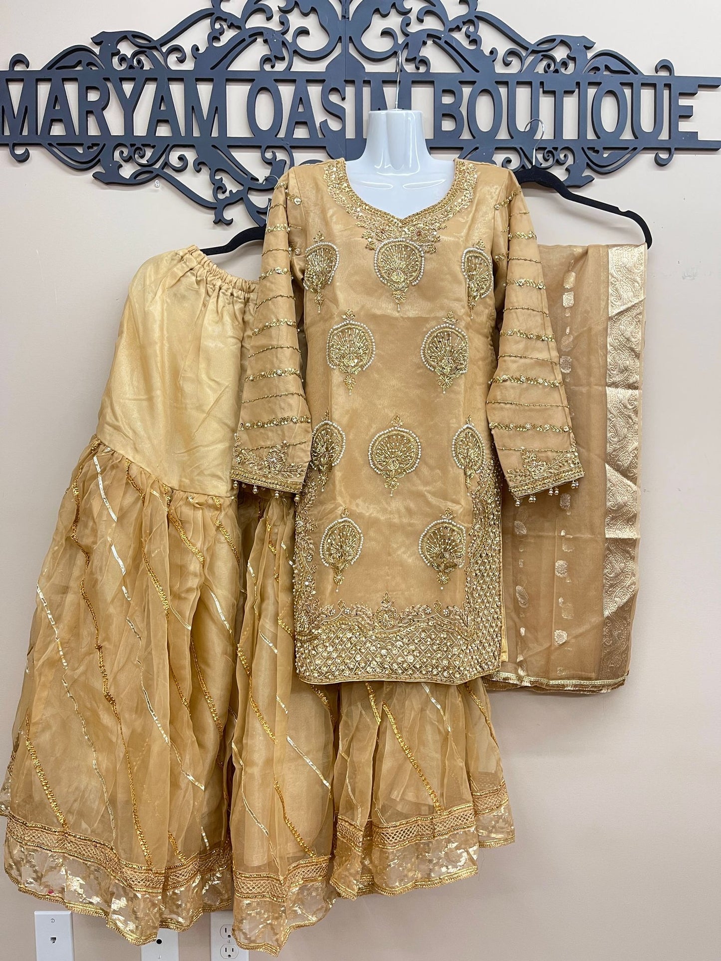 Organza Full Flair Gharara 3PC Beige