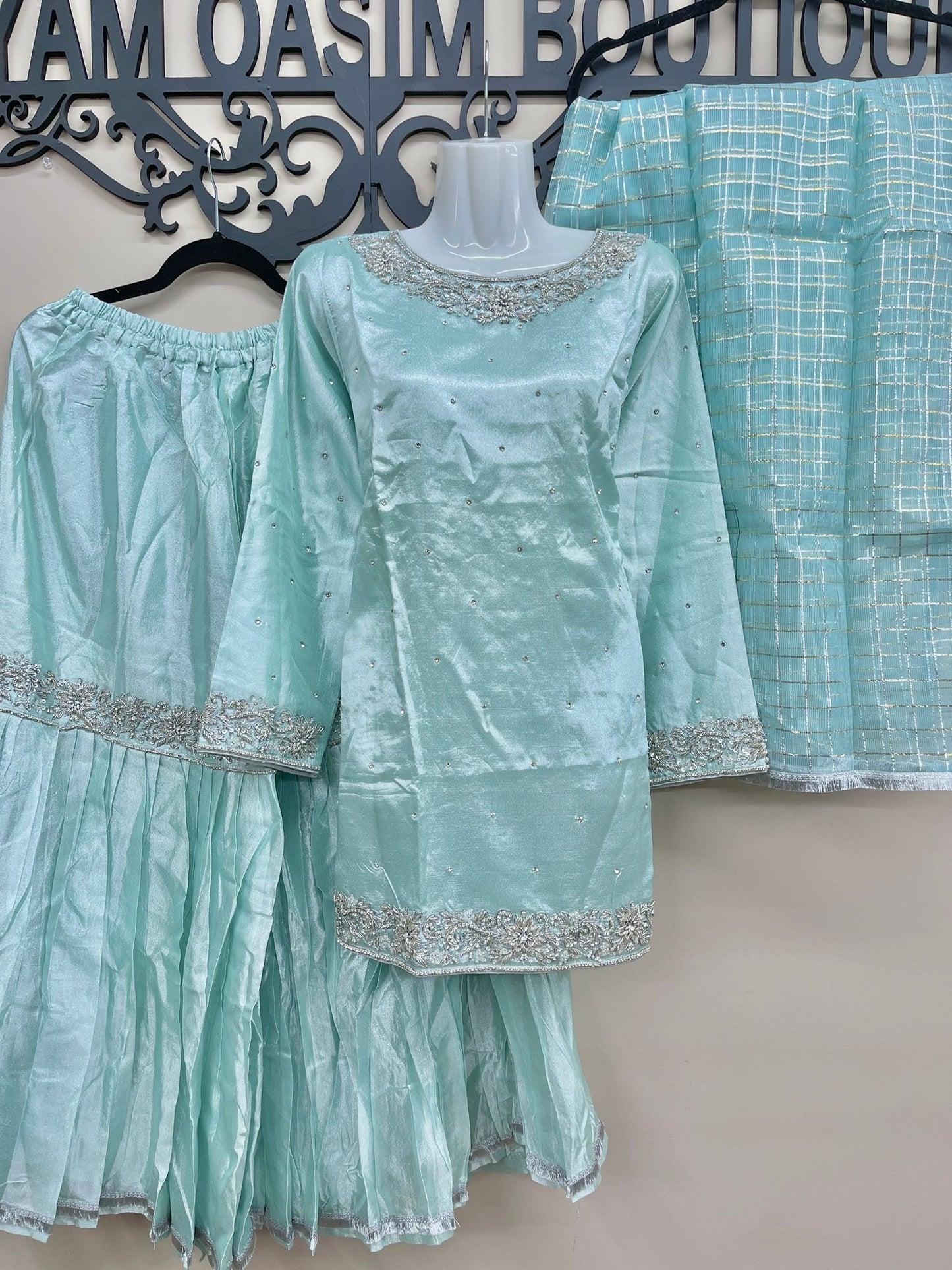 Masoori Silk Gharara Outfit 3PC Ice Blue
