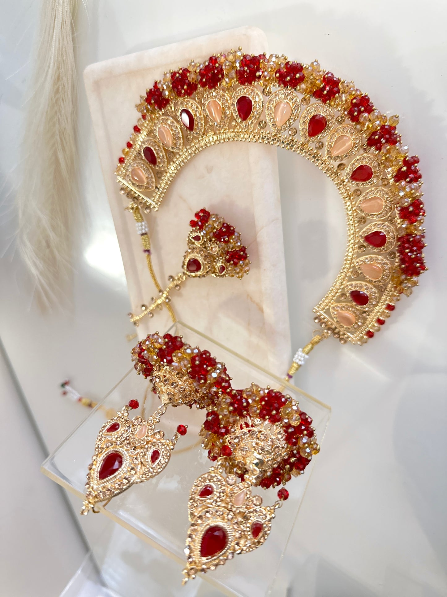 Stunning Jhumka Drop Pearl Set (Red/Beige)