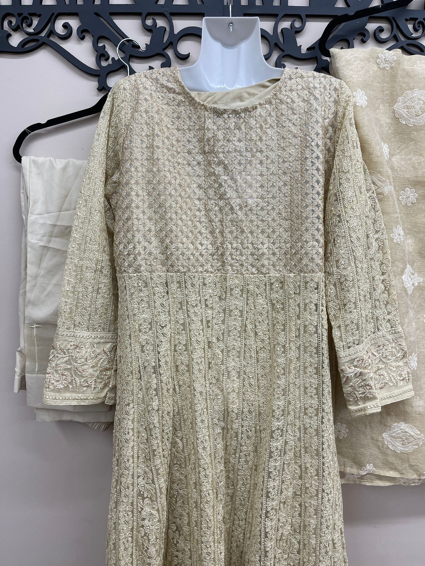 Fully Embroidered 3PC Maxi Outfit off-white