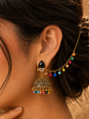 Oxidized Gold Afghan jhumka earrings with colorful beads and decorative sahara chain in Canada