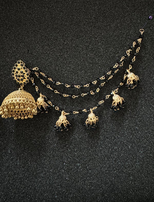 Antique gold black beaded jhumka earrings with matching sahara chain for traditional Pakistani and Indian bridal wear