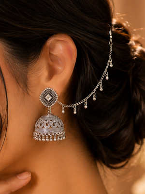 Antique oxidized silver jhumka earrings with decorative sahara chain for traditional Pakistani and Indian outfits.