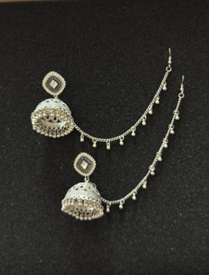 Antique oxidized silver jhumka earrings with decorative sahara chain for traditional Pakistani and Indian outfits.
