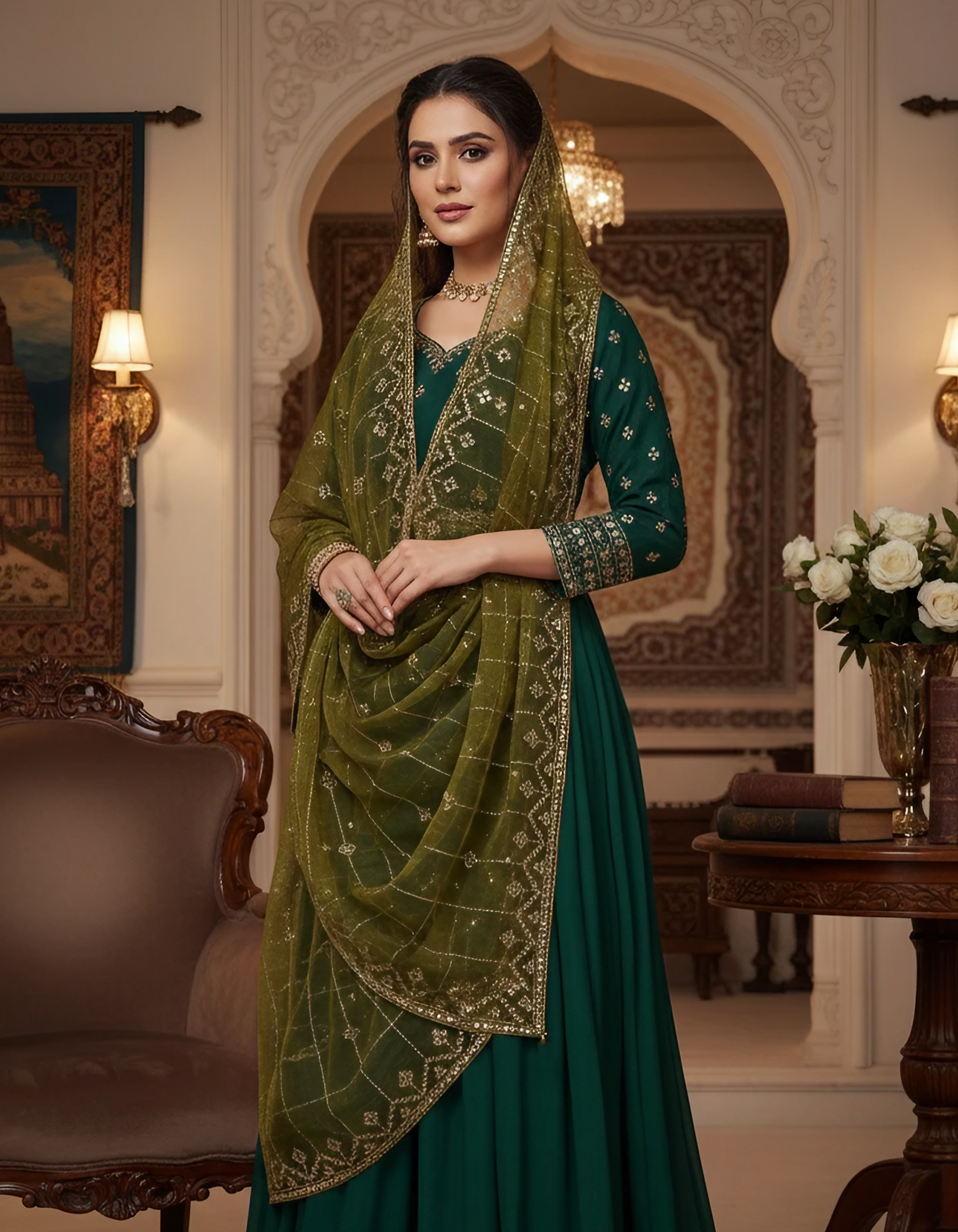 Henna Green Organza Dupatta with Embroidery & Sequin Work