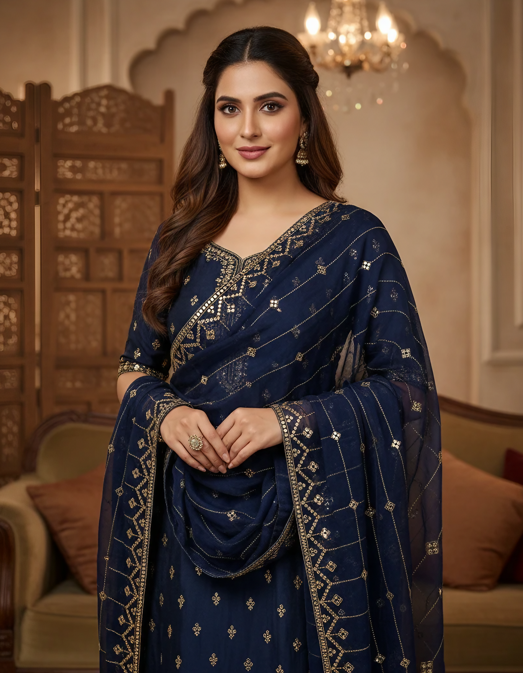 Navy Blue Organza Dupatta with Embroidery & Sequin Work