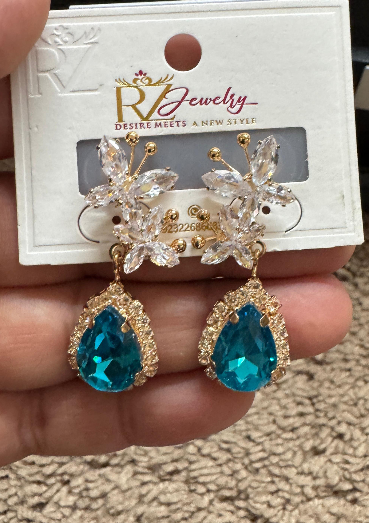 Aquamarine Teardrop Gem Drop Earrings | Crystal Butterfly Top