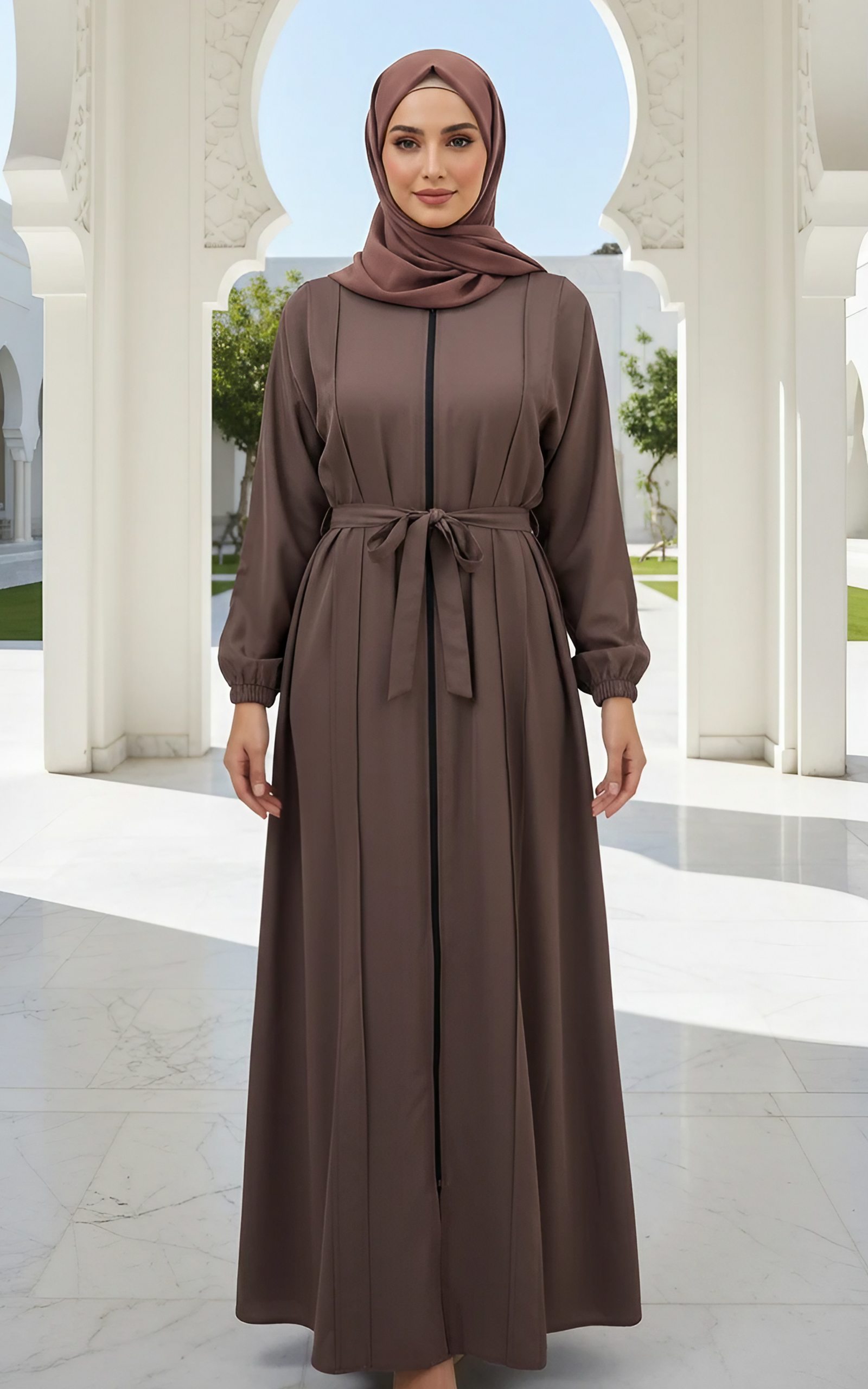Stylish Front-Open Abaya with Full Zipper, Belt & Matching Hijab