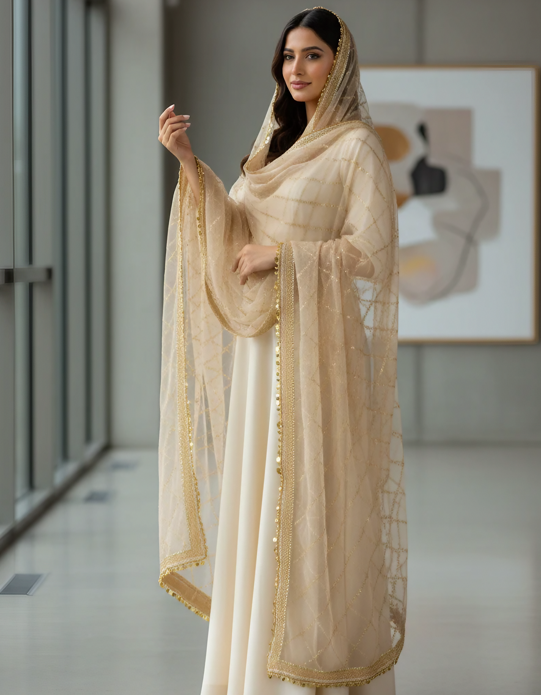 Golden Net Fully Embroidered Dupatta with Zari & Sequin Lace Border