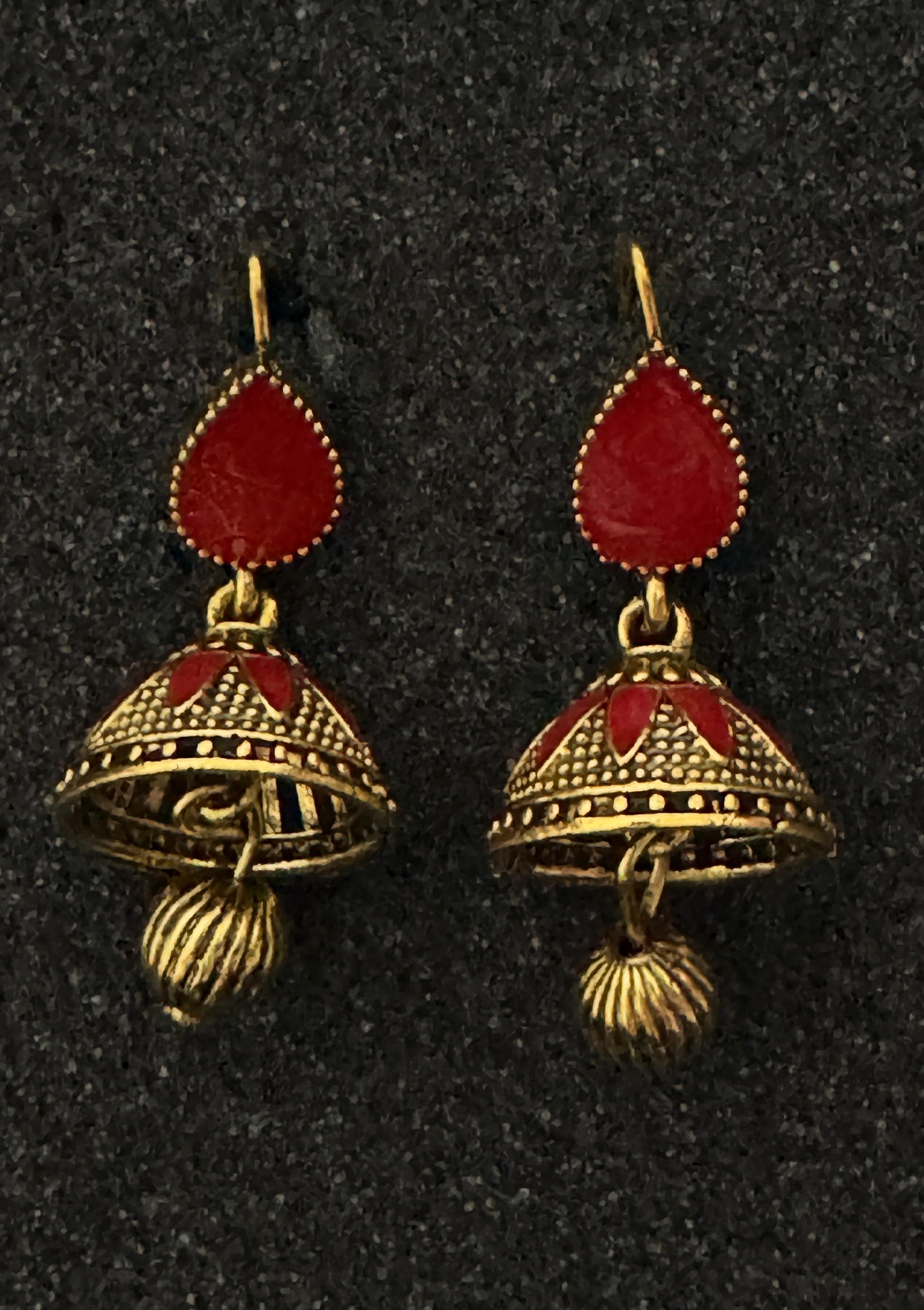 Crimson Red Meenakari Jhumka Earrings | Antique Gold Ethnic Drop Earrings