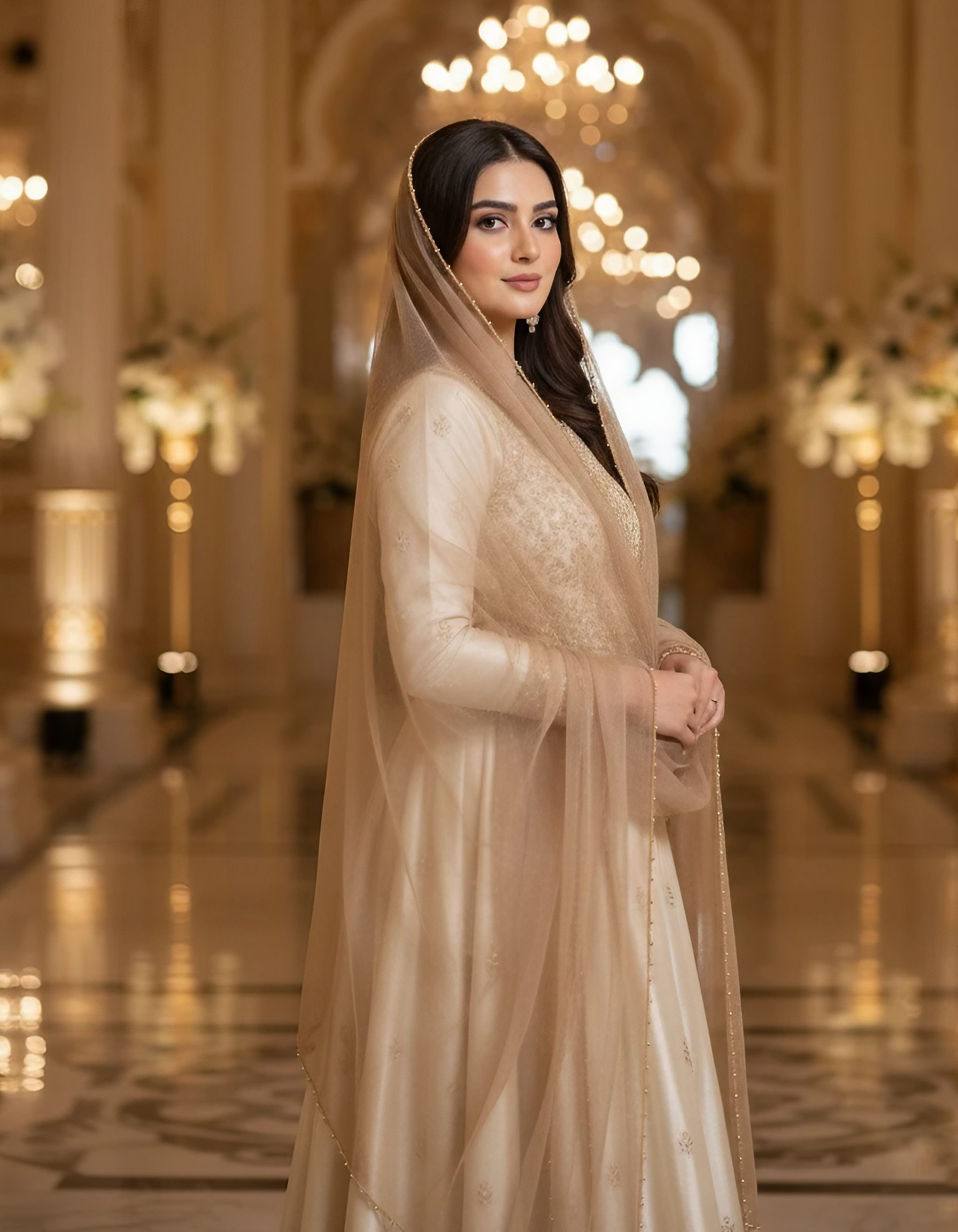 Beige Golden Net Dupatta with 4-Side Beads Work – Bridal Veil