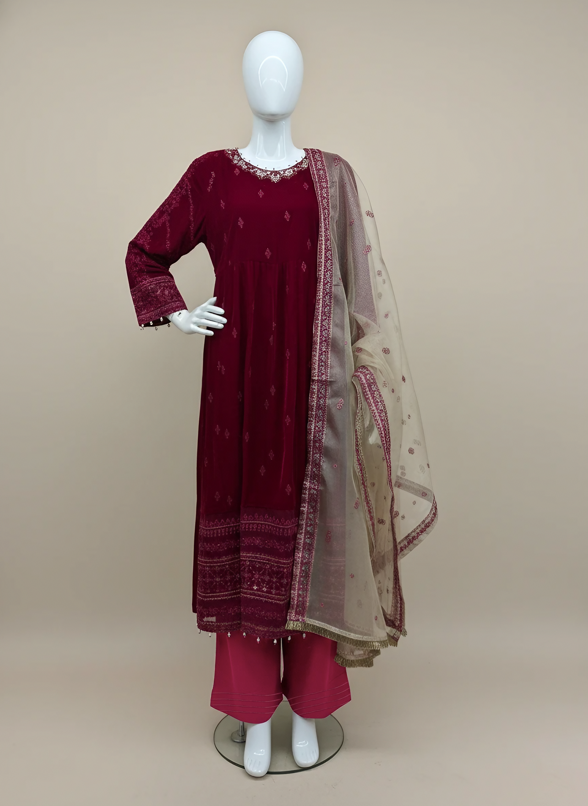 Elegant Red 3-Piece Velvet Embroidered Maxi Ensemble