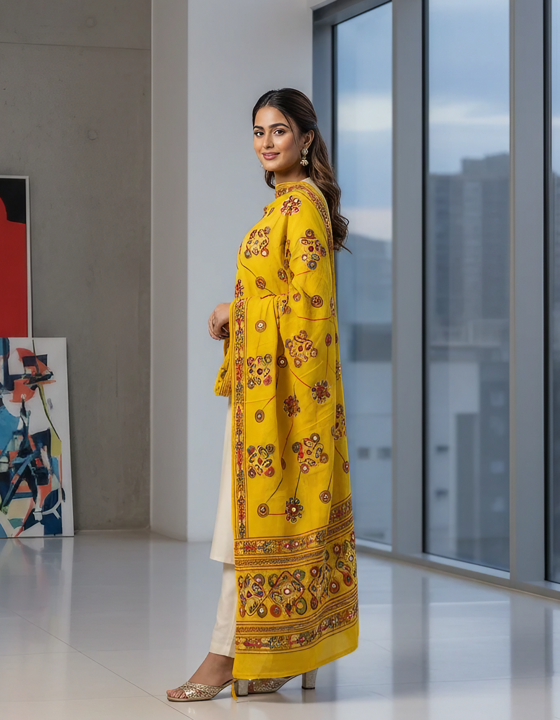 Yellow Printed Lawn Dupatta with Embroidery & Sequin Work