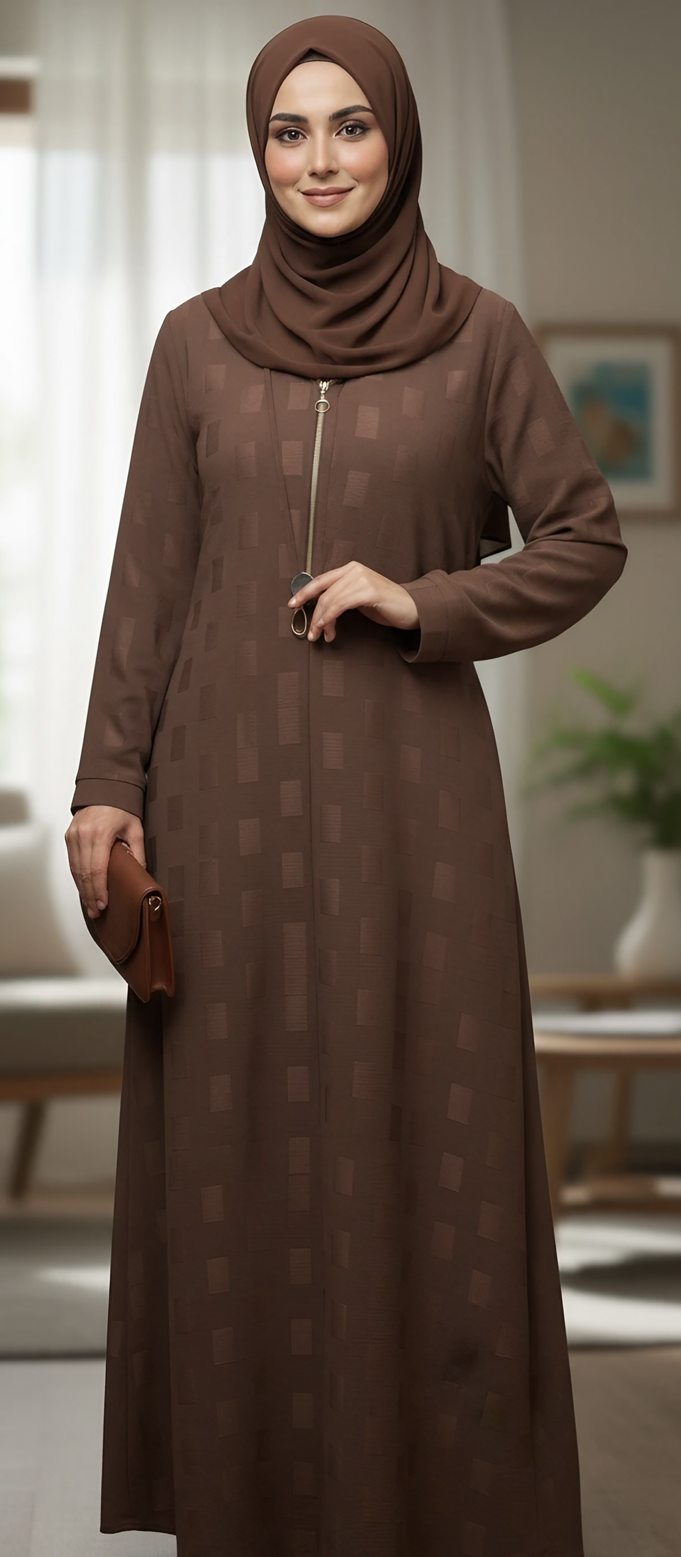 Stylish Self-Print Sheefon Abaya with Belt & Matching Scarf