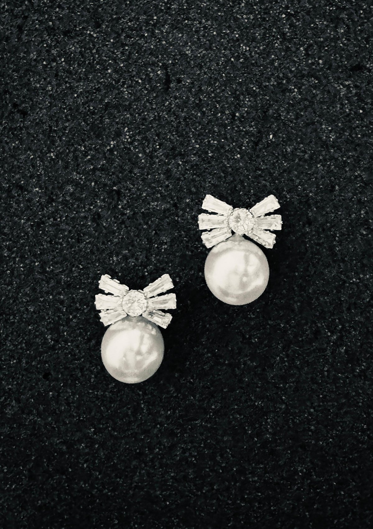 Cubic Zirconia Bow Pearl Earrings | Silver Baguette CZ & Pearl Drop Studs