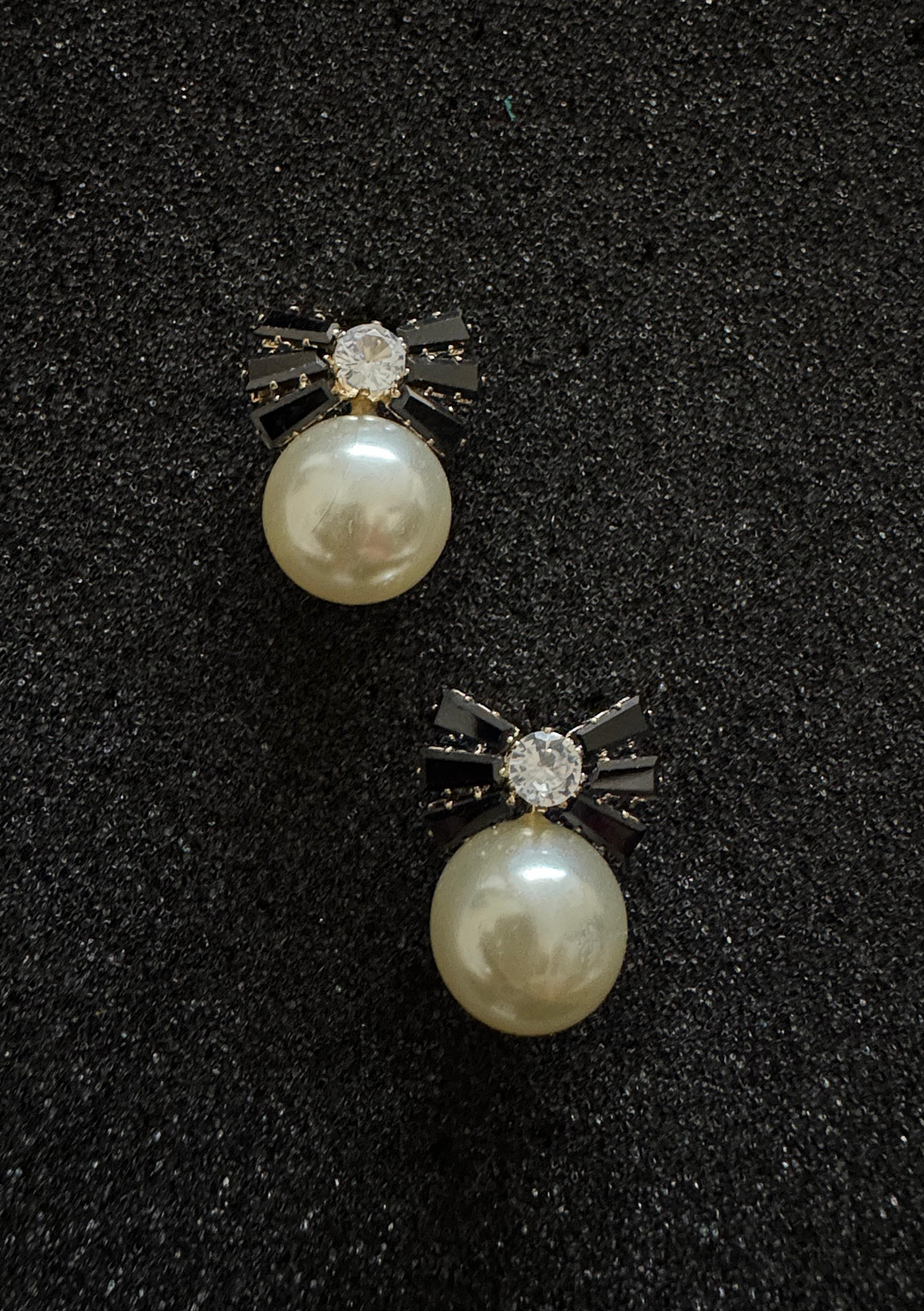 Black Baguette Bow Pearl Drop Earrings | CZ Ribbon & Luminous Pearl Studs