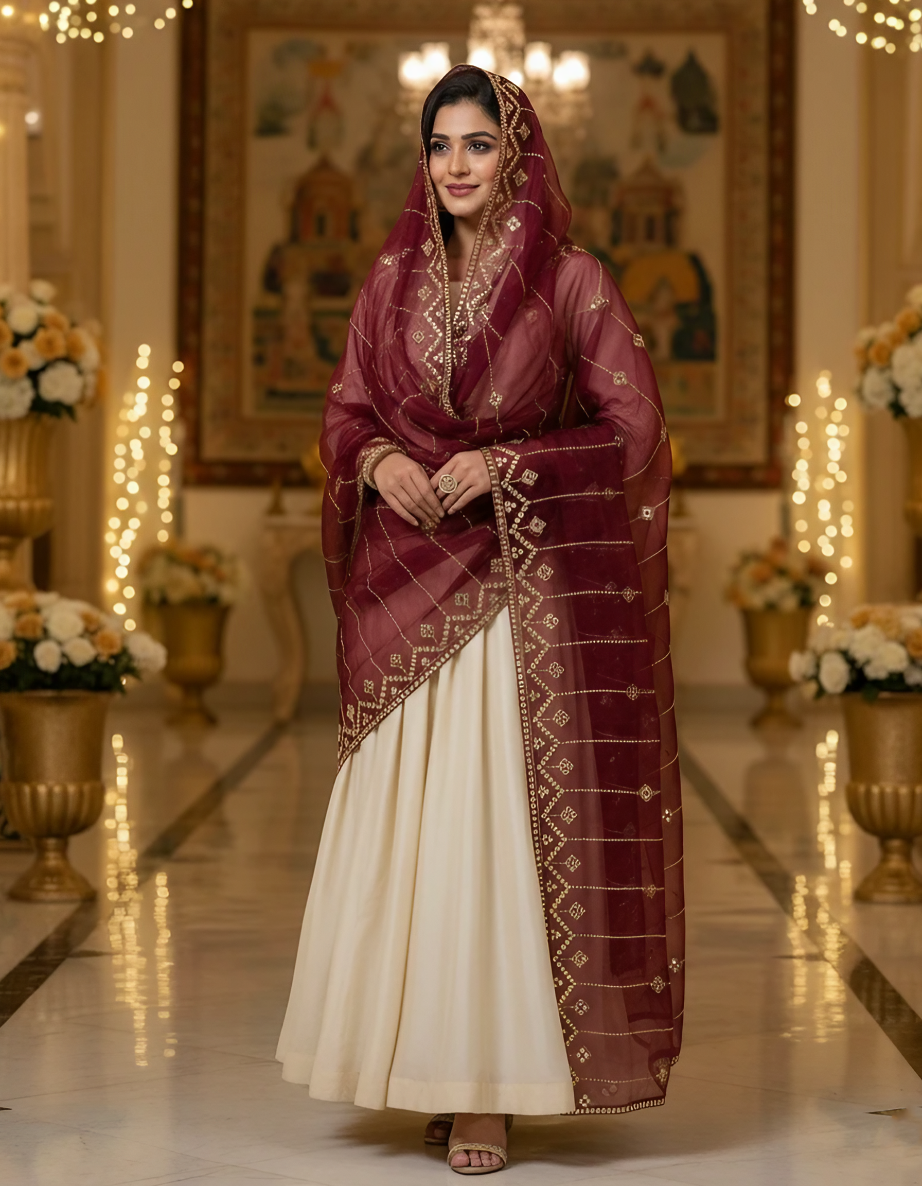 Maroon Organza Dupatta with Embroidery & Sequin Work