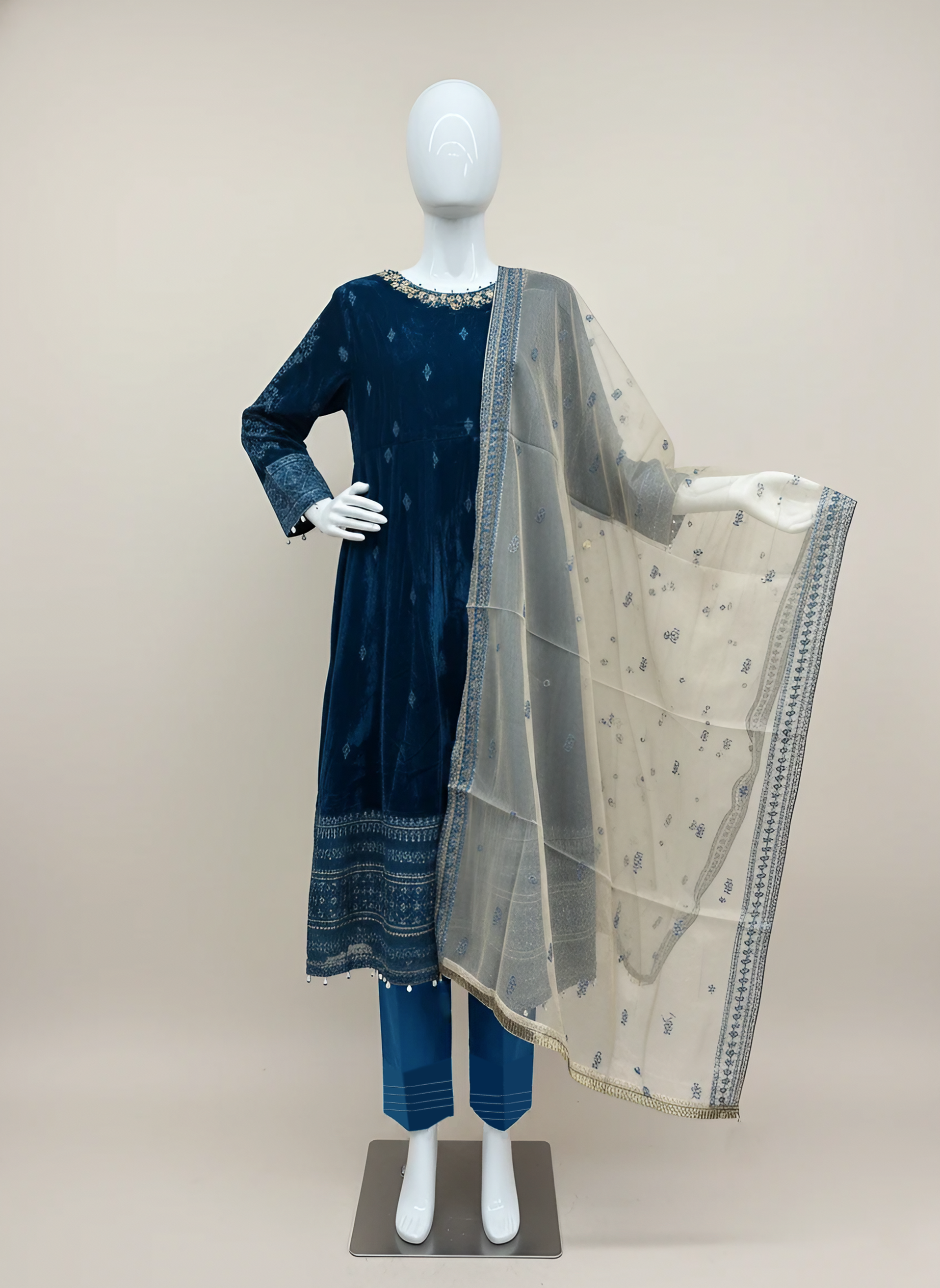 Teal Blue Micro Velvet 3-Piece Maxi Dress