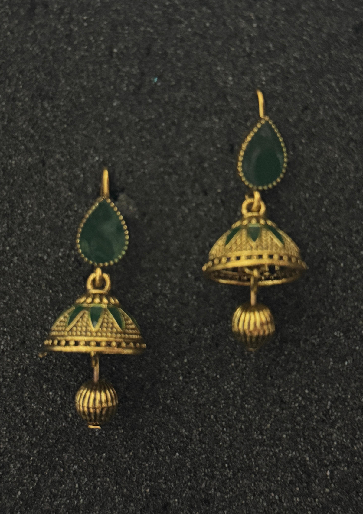 Emerald Green Tear Gem Gold Jhumka Earrings | Enamel Dome Drop Jewelry