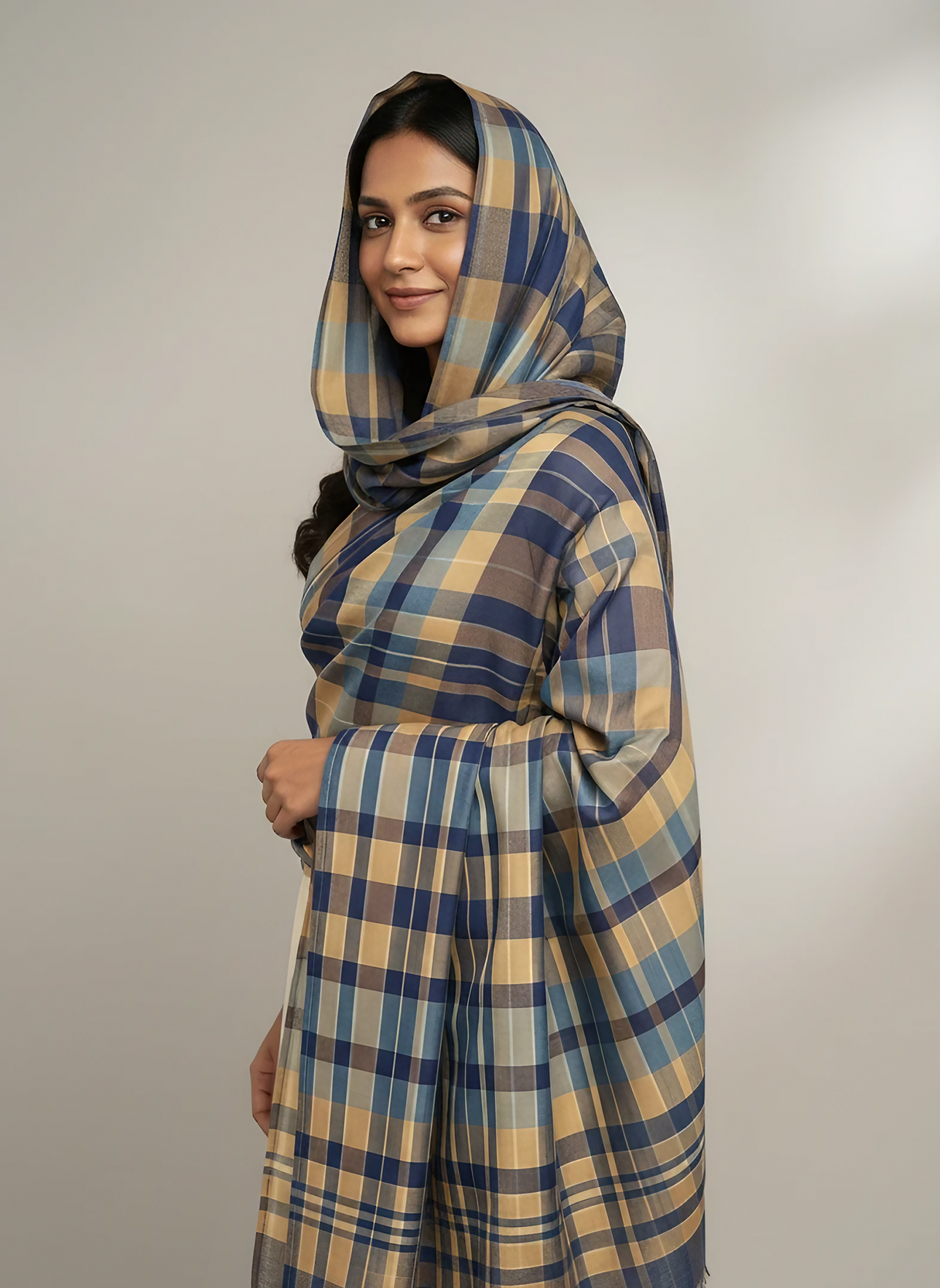 Cotton Zari Dupatta – Blue & Beige Checkered Full-Size Festive Dupatta for Women