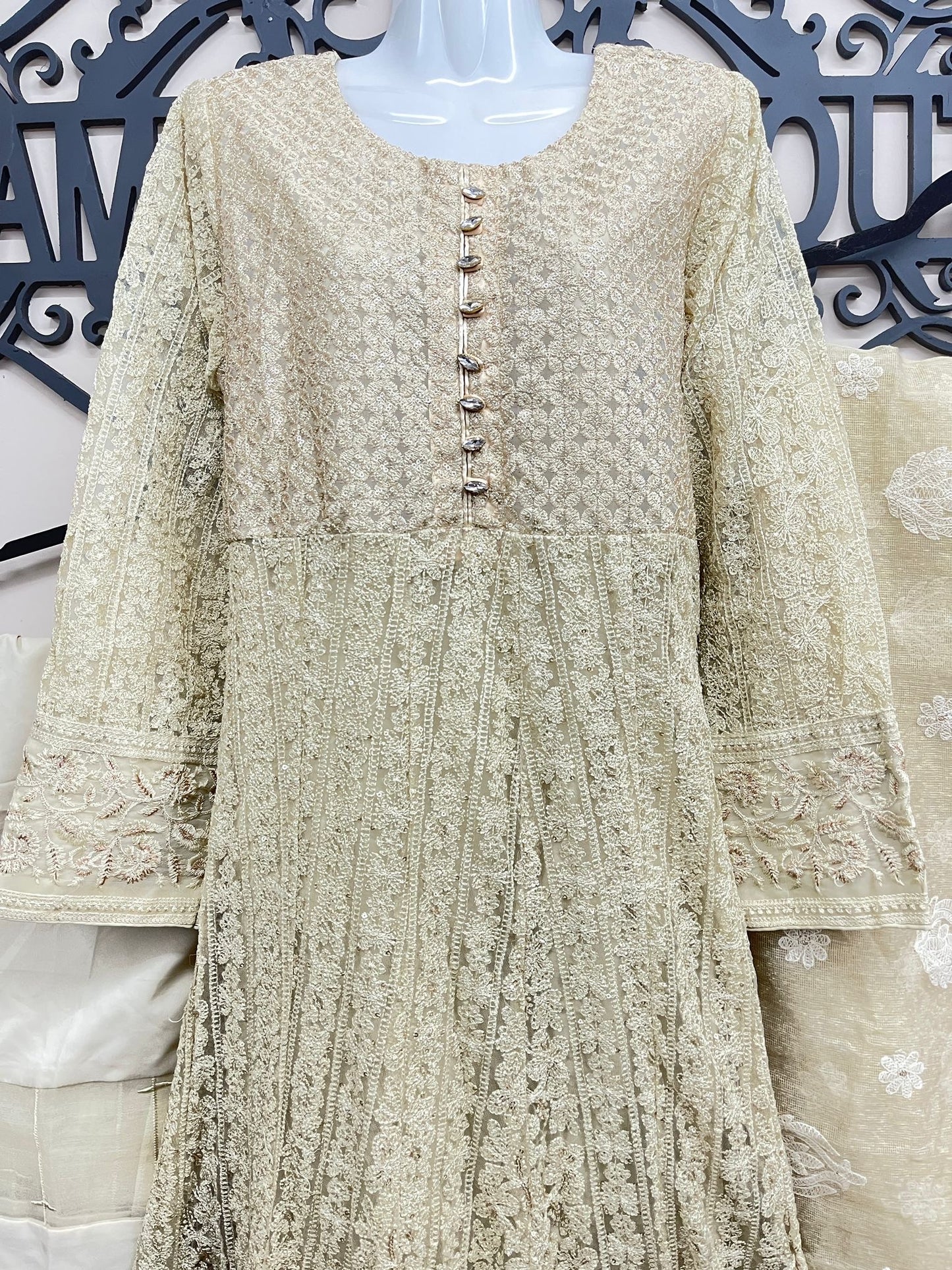 Fully Embroidered 3PC Maxi Outfit off-white