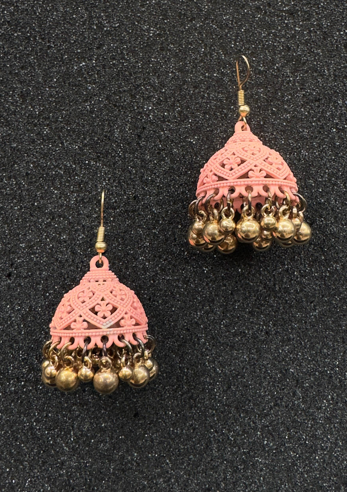 Baby Pink Carved Jhumka Earrings with Gold-Tone Moti Drops