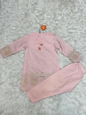 Baby Choice pink embossed glitter lawn embroidered girls 2 piece suit with matching embroidered trousers in Canada
