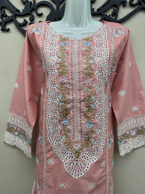 Baby pink embroidered cotton 3 piece Indian suit with embroidered shalwar and voile zari dupatta