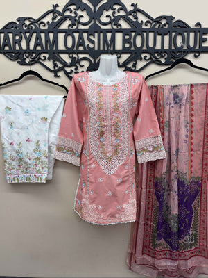 Baby pink embroidered cotton 3 piece Pakistani suit with embroidered shalwar and voile zari dupatta