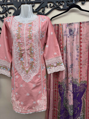 Baby pink embroidered cotton 3 piece Pakistani suit with embroidered shalwar and voile zari dupatta