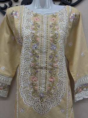 Beige embroidered cotton 3 piece Pakistani suit with embroidered shalwar and voile zari dupatta