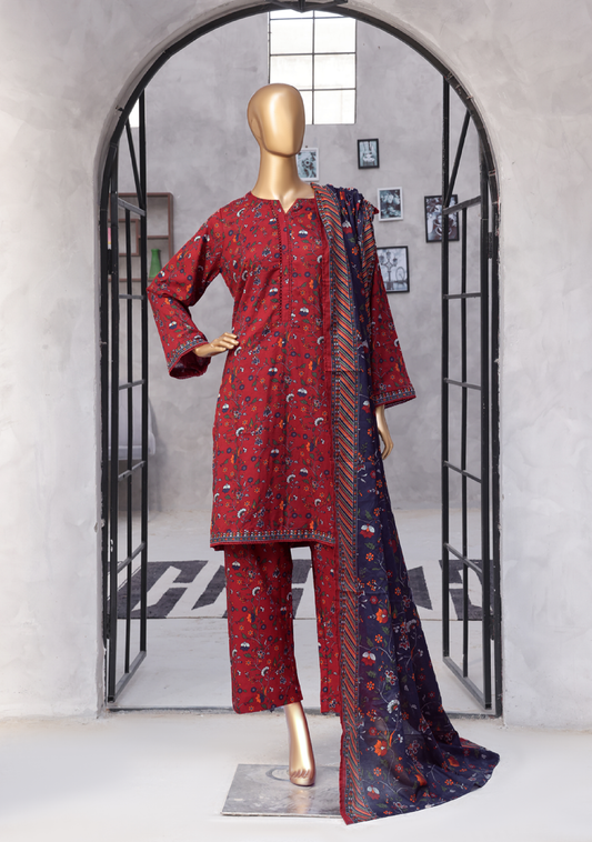 3-Piece Original Bin Saeed Red Printed Lawn Stitched Suit*