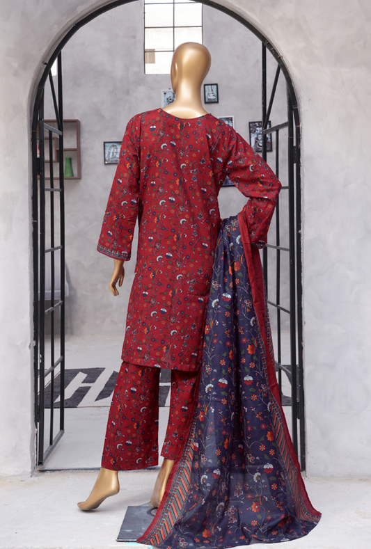 3-Piece Original Bin Saeed Red Printed Lawn Stitched Suit*